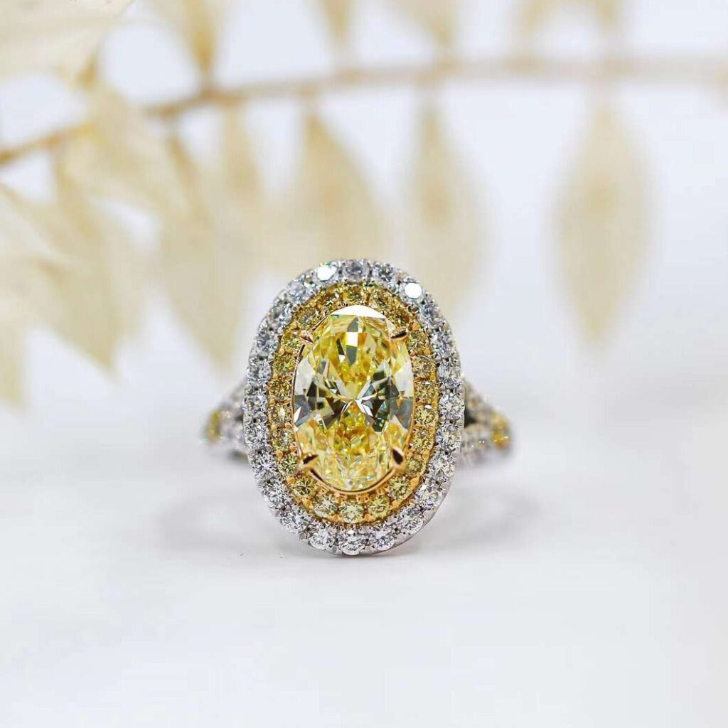 Oval cut Color diamond double halo engagement rings