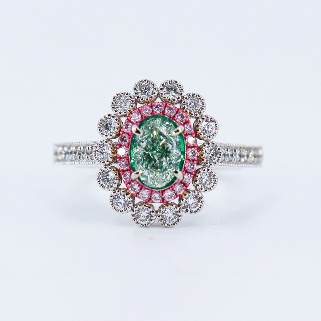 Oval cut Fancy Green Diamond Halo Engagement rings Brisbane Luxury jewelry