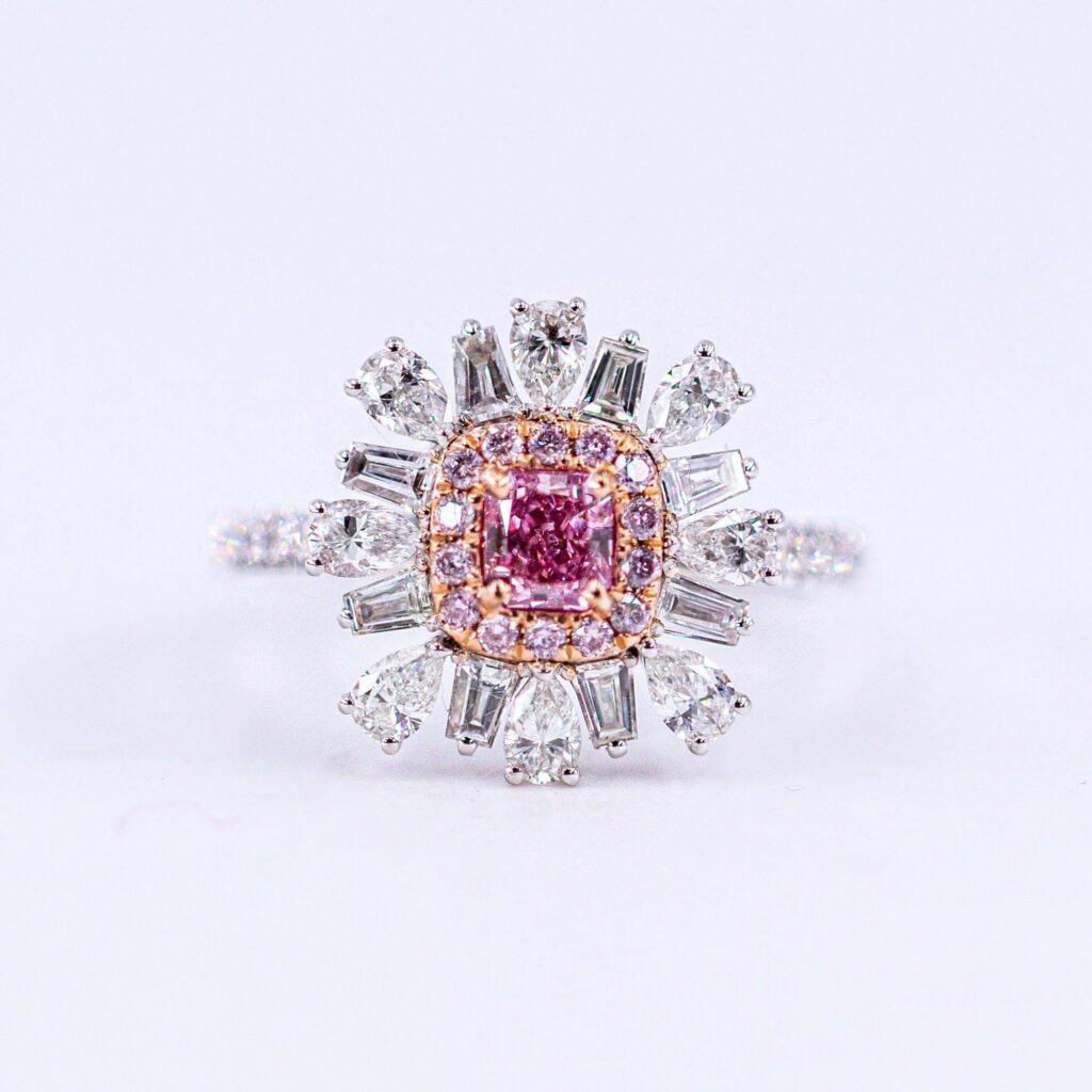 Radiant cut Argyle Pink Diamond Halo rings Perth unique design