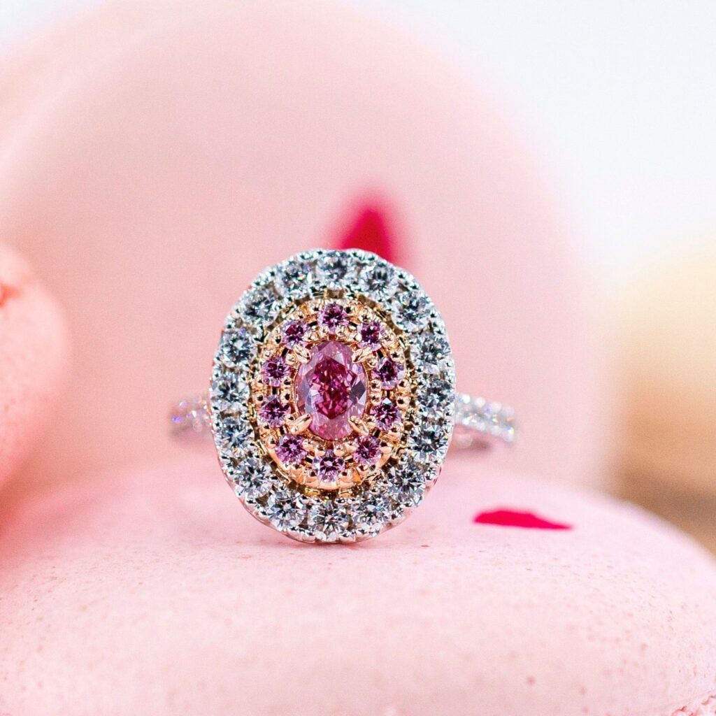 Oval cut Fancy Vivid pink diamond halo rings Melbourne Limited-time jewelry sale