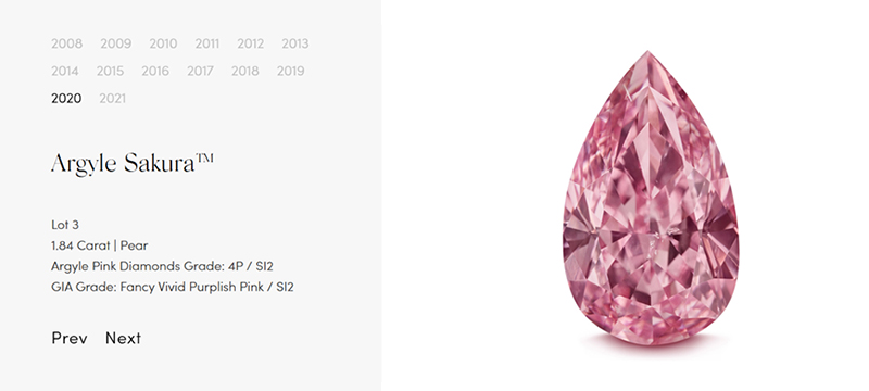 Argyle Sakura diamond from the 2020 Argyle Pink Diamonds Tender, a 1.84ct Fancy Vivid Purplish Pink radiant-cut diamond of exceptional rarity.
