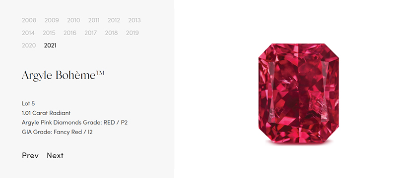 Argyle Tender 2021 diamond collection, featuring rare pink, red, and violet diamonds from the final Argyle Pink Diamonds Tender.