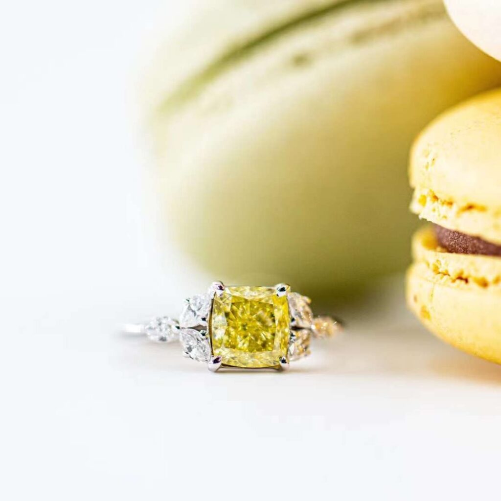 Cushion cut fancy yellow diamond side stone rings sydney best price