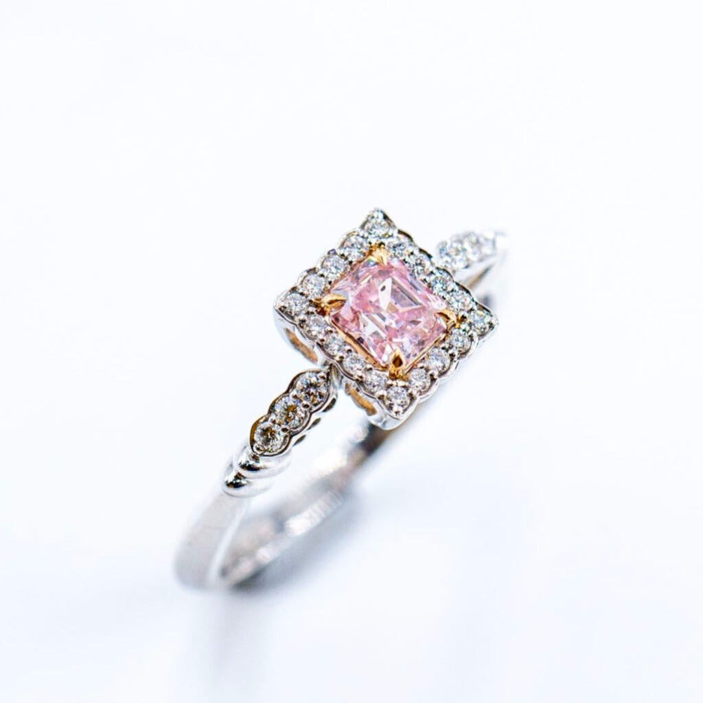 Radiant cut argyle pink diamond halo rings  Sydney unique design