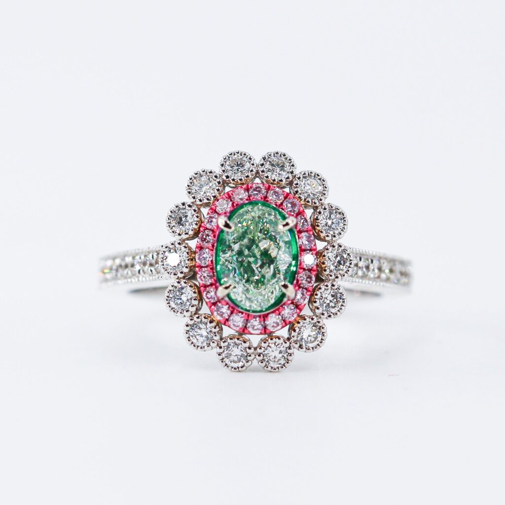 Oval cut Fancy Green Diamond Halo Engagement rings Brisbane Luxury jewelry