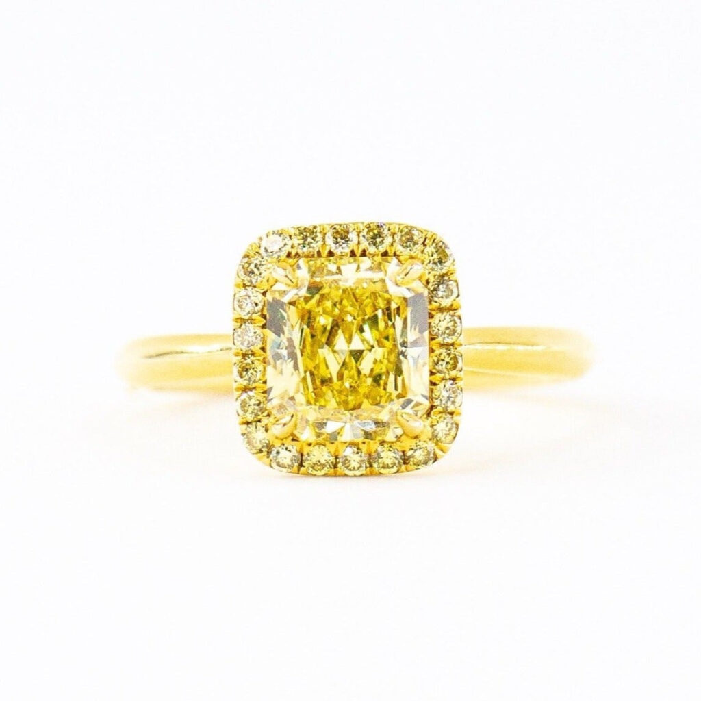 Cushion cut Vivid yellow diamond halo engagement rings Brisbane for sale
