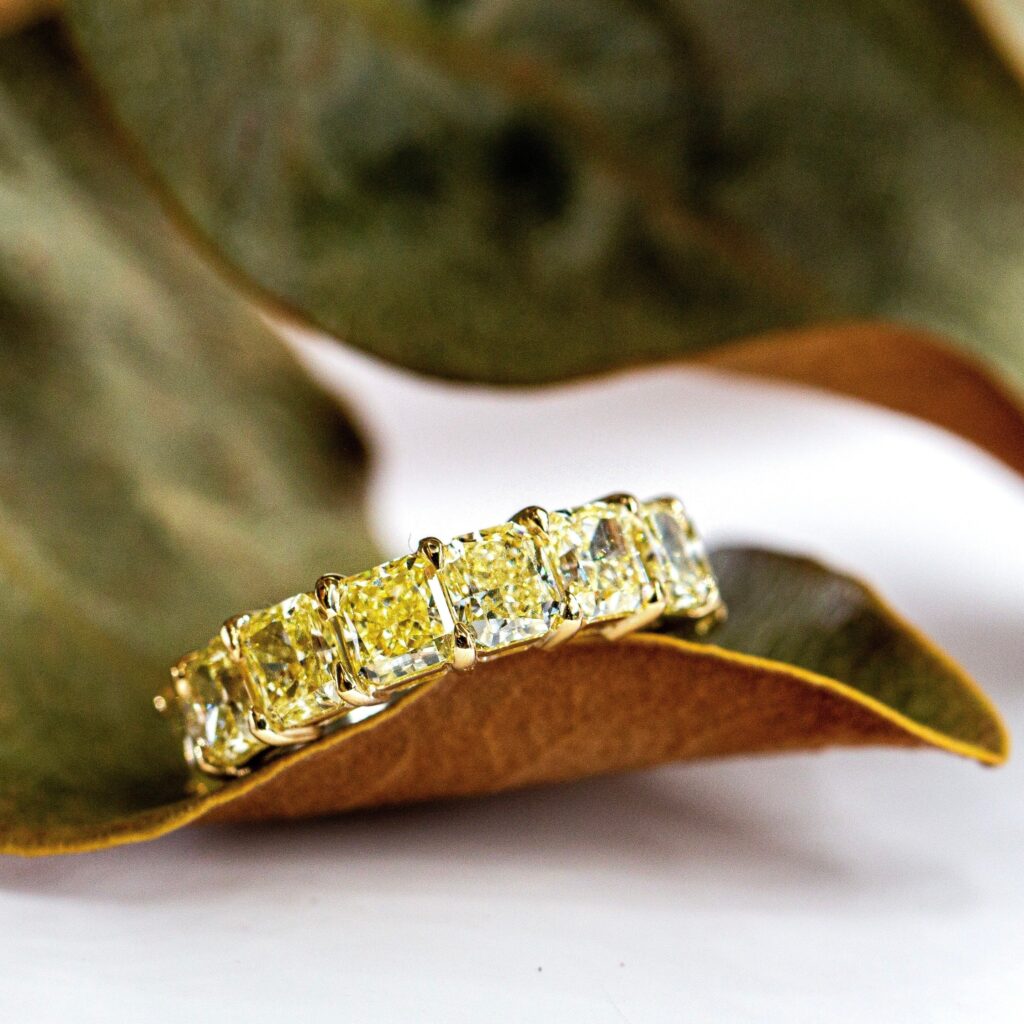 Radiant Cut Fancy Yellow Diamond Eternity Rings Perth in stock