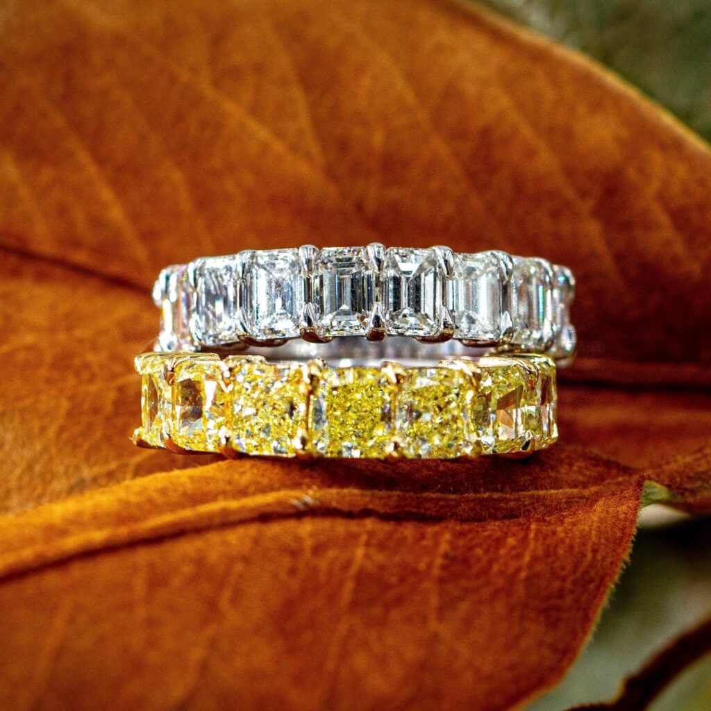 Radiant Cut Fancy Yellow Diamond Eternity Rings Perth in stock