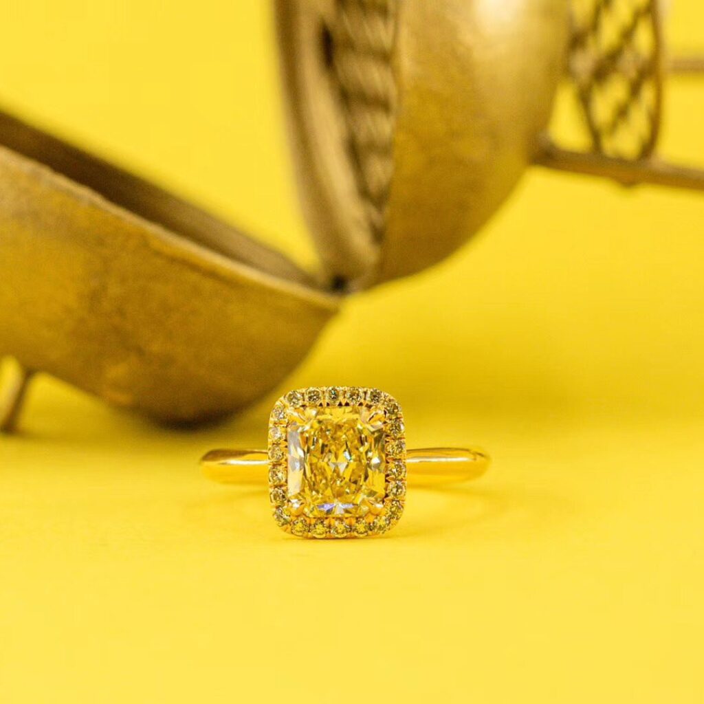 Cushion cut Vivid yellow diamond halo engagement rings Brisbane for sale