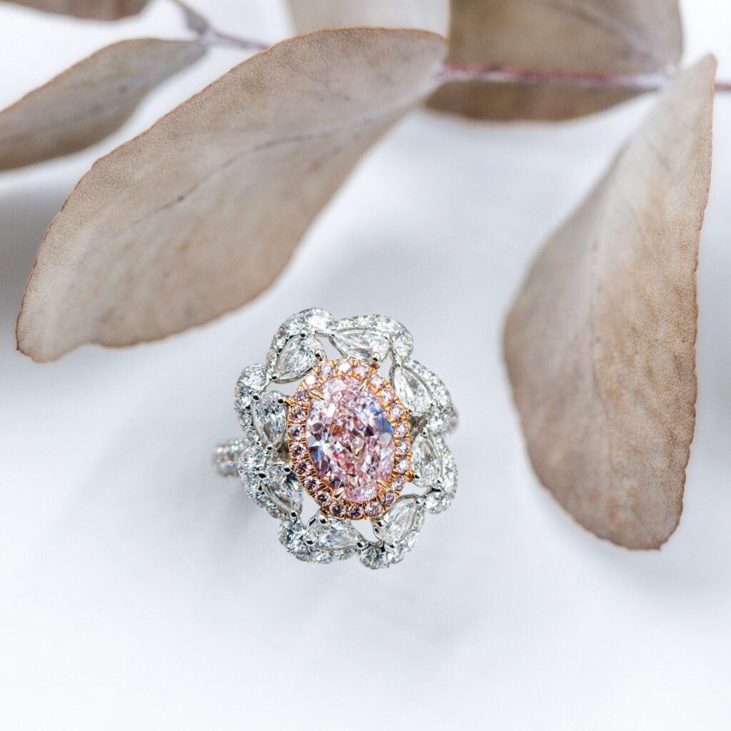 Oval cut Argyle pink diamond halo rings brisbane Exceptional value