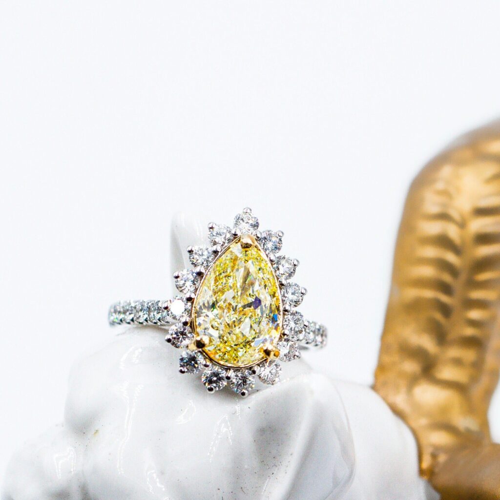 Peear shaped yellow diamond halo rings Brisbane limited time sale