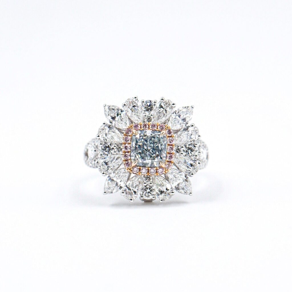 Cushion cut Fancy Light Green Diamond Halo rings Melbourne Competitive pricing