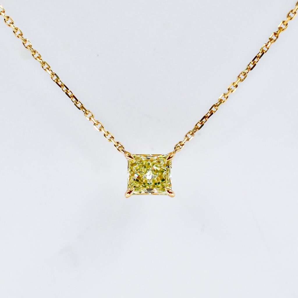 Radiant cut Fancy Intense Yellow Diamond Solitaire Pendants Sydney Vitage style