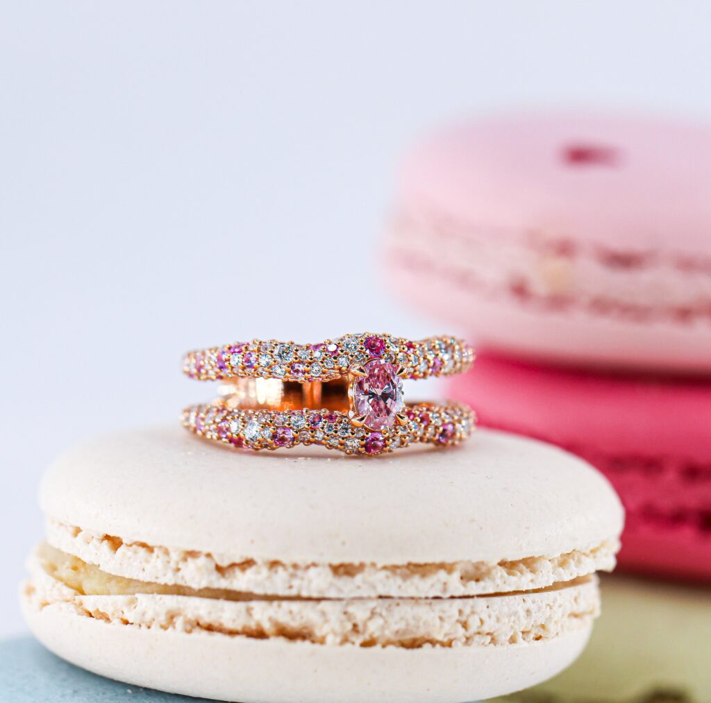 Certified Fancy Pink Oval Cut Australian Pink Diamond Double Band Ring - J049