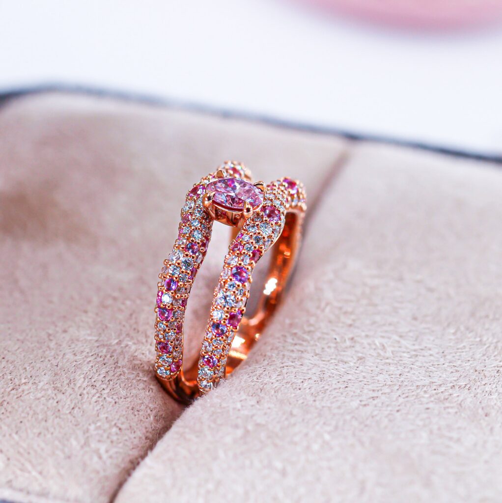 Certified Fancy Pink Oval Cut Australian Pink Diamond Double Band Ring - J049