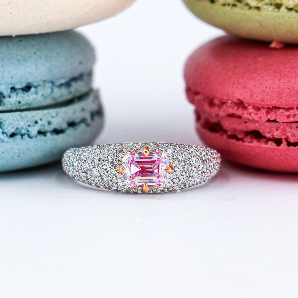 Australian Fancy Intense Pink Emerald Cut Diamond Ring - J050