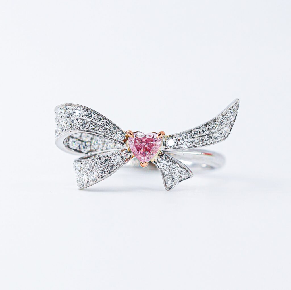 Certified Pink Heart Australian Pinkd Diamond Ribbon Bow Ring - J051