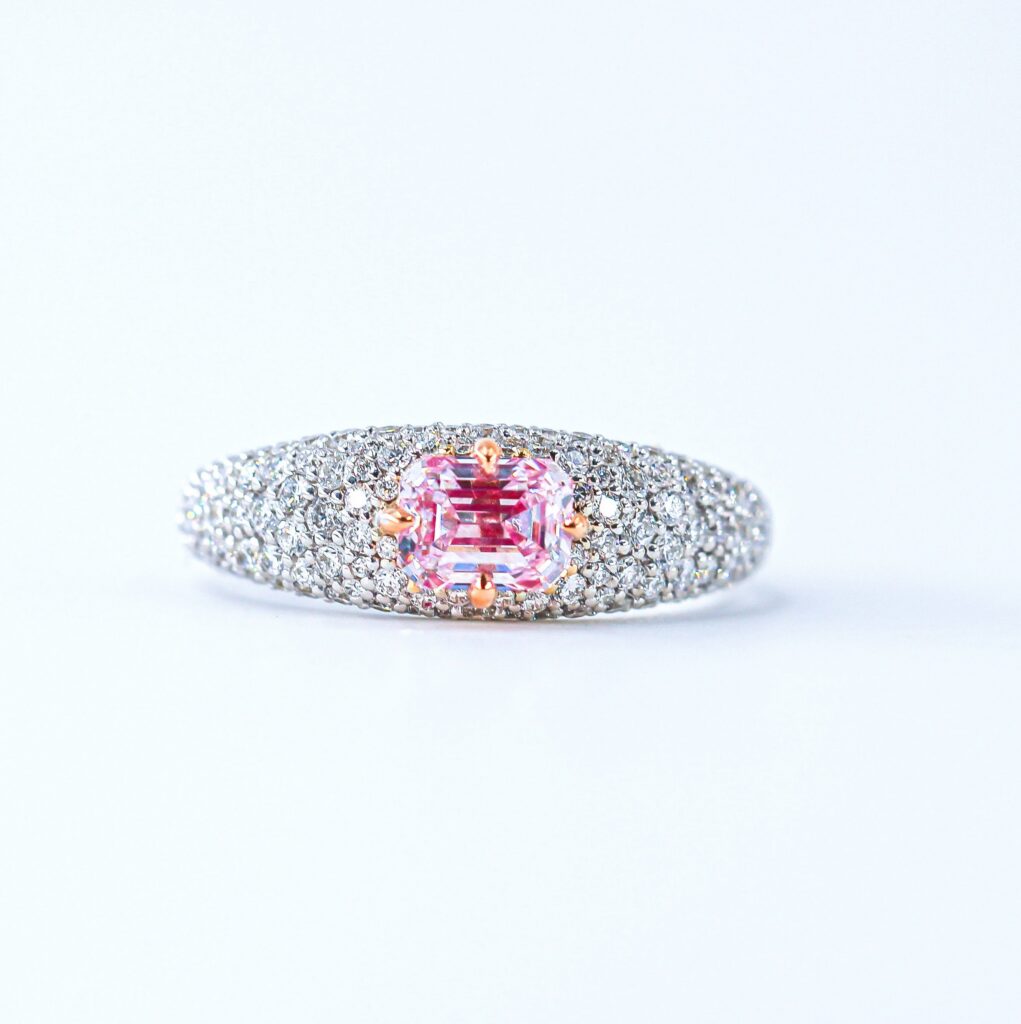 Australian Fancy Intense Pink Emerald Cut Diamond Ring - J050