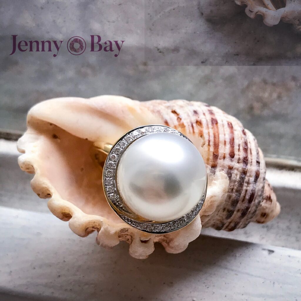 South Sea Pearl Diamond Halo Ring with Solitaire Band- PEAR05