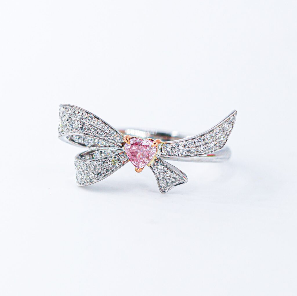 Certified Pink Heart Australian Pinkd Diamond Ribbon Bow Ring - J051