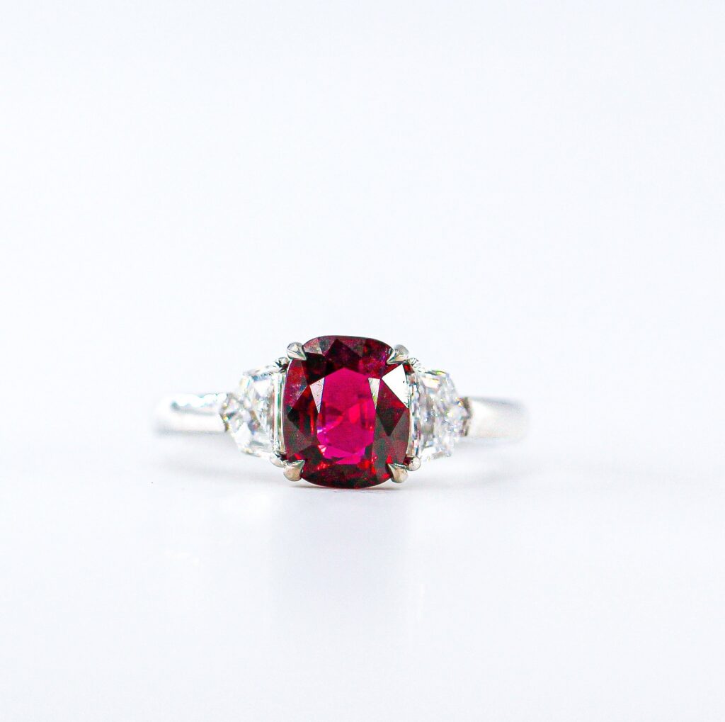 Cushion Cut Ruby Three Stone Ring with Trapezoid cut Diamond - RUR09